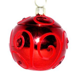 Vintage Round Red Ornament Ceramic Jar w Lid 6.5 Inches Tall Candy & Cookies